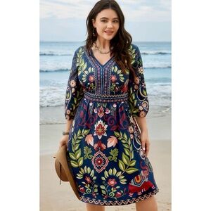 BloomChic Boho V-Neck Elephant and Floral Pattern Midi Dress 14-16